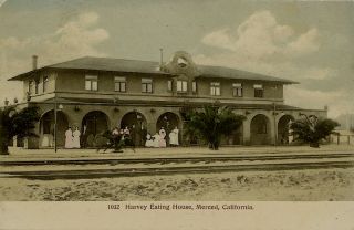 1909 Merced CA Harvey House Railroad Depot Hand Tinted Calif Postcard
