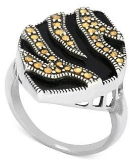 Genevieve & Grace Sterling Silver Ring, Gold Marcasite and Onyx (4 1/2