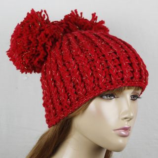 Red Metallic Thread Pom Pom Beanie Hat HT144