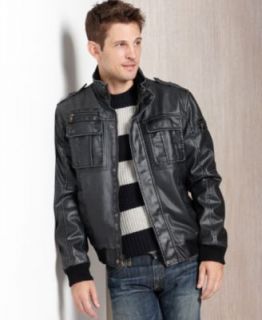 Kenneth Cole Reaction Jacket, Faux Leather Hooded Bomber Jacket   Mens