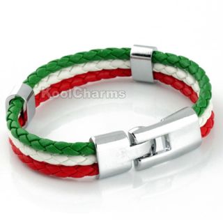 Mens Italy Flag Style Rope Surfer Stainless Steel Leather Bracelet