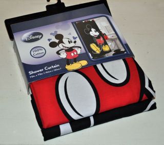 Disney Mickey Mouse Black Cotton FABRIC Shower Curtain & 12 Head Hooks