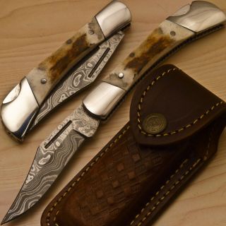 Fabulous Hand Made Damascus Pocket Folding Knife Samber Stag Antler BK