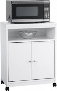 White Mobile Microwave Cart with Lower Cabinet and Open Shelf