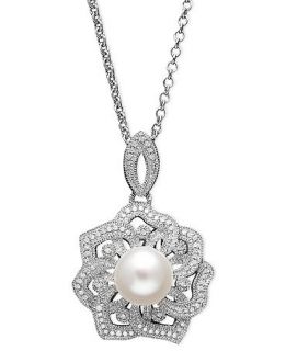 Sterling Silver Necklace, Cultured Freshwater Pearl and Diamond (1/5