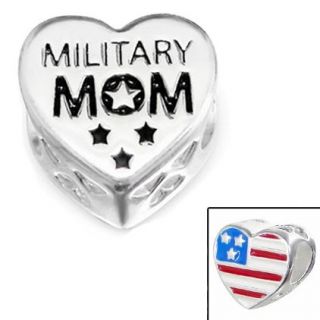925 Sterling Silver Military Mom Charm Bead with American Flag Fits