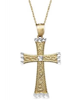14k Two Tone Gold Necklace, Diamond Cut and Scroll Cross Pendant