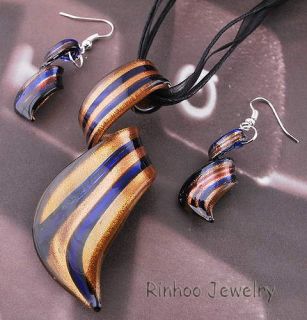 Twisty Striped Gold Dust 1set Lampwork Murano Glass Pendant Necklace