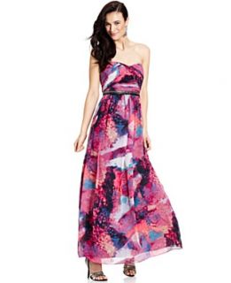 NEW Calvin Klein Dress, Strapless Rouched Floral Printed Gown