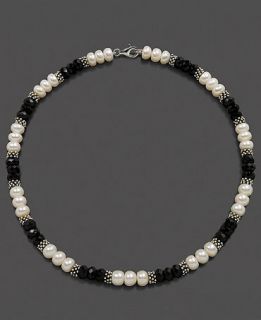 Sterling Silver Necklace, Cultured Freshwater Pearl and Onyx   Womens