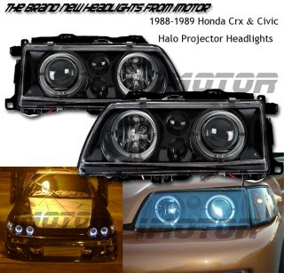 88 89 Honda Civic/CRX Angel Twin Halo Projector Black BLK Headlights