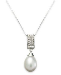 Sterling Silver Necklace, Cultured Freshwater Pearl and Diamond (1/10