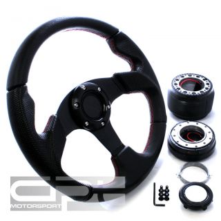 320MM 6 HOLE BLACK STEERING WHEEL RED STITCHING+QUICK RELEASE+OH90 HUB