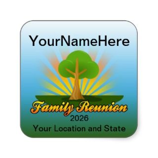 Custom Family Reunion, Green Tree with Sun Rays Square Sticker