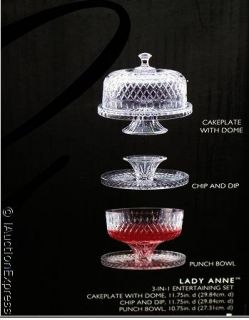 New ★ Gorham Lady Anne 3 PC Crystal Set Cake Plate Dome Punch Bowl
