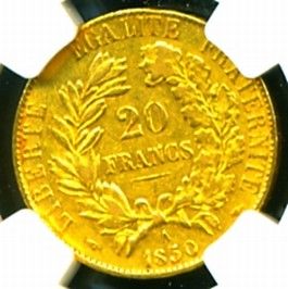 1850 A France Ceres Gold Coin 20 Francs NGC Certif Genuine Graded Gem