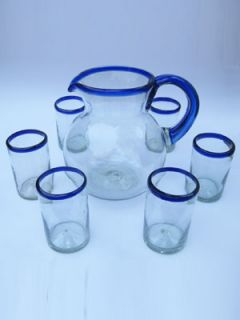 18 Mexican Cobalt Rim Blown Bubble Glasses Drinking Highball Tumblers