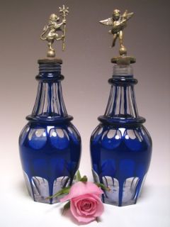 Antique Pair Barber Bottles w Figural Brass Stoppers