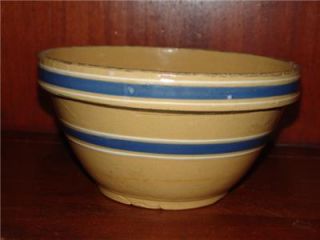 Huge Yellow Ware Yellowware Bowl Blue Stripes Banded Excellent Old