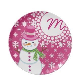Hot Pink Snowman Monogrammed Christmas Plate
