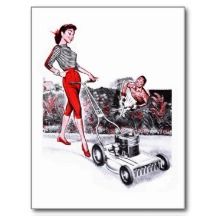 Kitsch Vintage Lawn Mower Pin Up Girl Postcard
