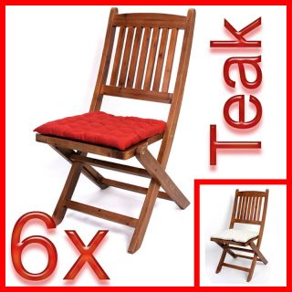 6x Klappstuhl Gartenstuhl N12, Teak mit Sitzkissen rot, beige