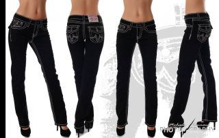 Damen Jeans low straight Hose schwarz stylische dicke Naht Neu Gr.36