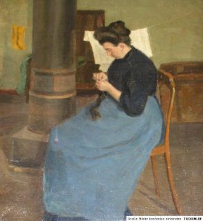 Impressionist K. Mohr 1910 Interieur Frau beim Häkeln am Ofen sitzend