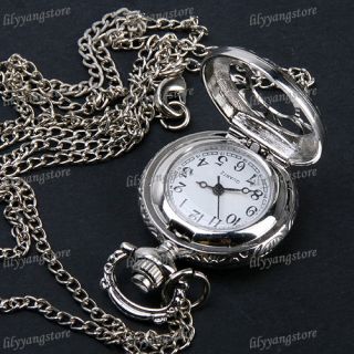 Antique Silver Flower Hollow Round Quartz Pocket Watch Necklace Chain