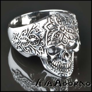 Silber Ring 925 Totenkopf Skull Tattoo Blumen Biker SR15
