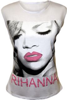 Damen Rihanna Lippen Aufdruck Ärmellos T Shirt Stretch Top Gr. 36 42
