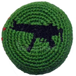 Hand crocheted footbag made in Guatemala featuring a patented high
