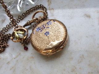 Gold Damentaschenuhr und Kette +Schieber blaue Emaille