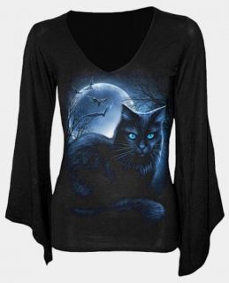 Gothic Emo Shirt Bluse Top Longsleeve Tunika Katze Fledermaus Vollmond