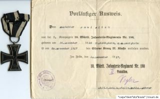 Eisernes Kreuz 2.Klasse + Urkunde Württ. Infanterie Regiment 180 Iron