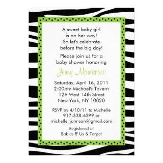 Trendy Zebra Print Green Baby Shower Invitations invitations by little