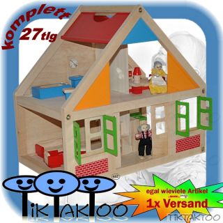 Puppenhaus Holz komplett mit Möbeln Puppenstube eingerichtet Villa