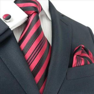 Landisun 636 True Red Black Stripes Mens Silk Tie Set Tie+Hanky