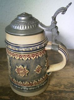 antiker Keramik Bierkrug m. Zinndeckel Wick Merkelbach