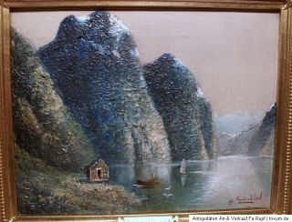 Uralt Ölbild Gemälde Landschaft Hardangerfjord Norwegen H.Elmblad