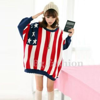 Fledermaus Pullover Damen Streifen Strick Pulli Sweater Amerika Flagge