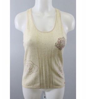 AUTH CHANEL Beige Sleeveless Beaded Floral Detail Wool Tank Top Sz