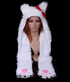 Lovely Cartoon Animal Cat Plush Soft Warm Cap Hat Earmuff Scarf White