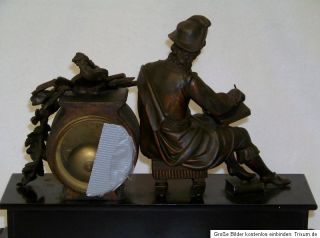 JAPY FRERES Französische Schwere Bronze Marmor Kaminuhr 2 Figuren um