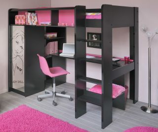 Kinderhochbett mit Schreibtisch und Kleiderschrank Schwarz