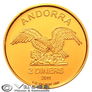 Andorra 2 Diners Gold Eagle 2011 1 Gramm Feingold NEU
