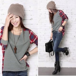 Size Splicing Round Neck Plaid Long Sleeve Bottoming T shirt Tops