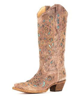  Corral Womens Brown Crater Turquoise Inlay & Studs Boot Shoes