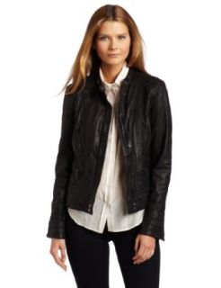 Cole Haan Womens Washed Leather Moto Jacket, Black, Large