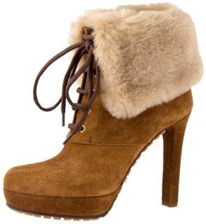Shearling Cuff Lace Up High Heel Platform Bootie   Luggage   42 Shoes